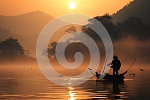 A man stands confidently on a boat in the serene center of a crystal-clear lake, fisher fishing on foggy sunrise, AI Generated