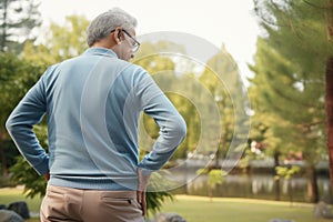 A man stands confidently in a park, his hands resting on his hips, Rear view shot of an elderly man with back pain and visible