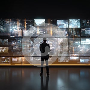 Man Standing in Data Visualization Room. AI generate