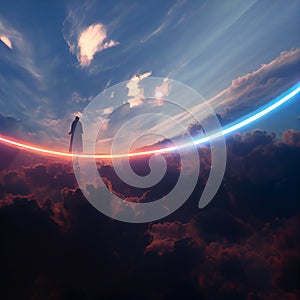 A man stands on the edge of the world, sky, space, on a luminous beam. On the threshold of discovery, awareness photo
