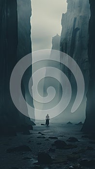 Ethereal Cliff In The Mist Haunting Matte Painting With Ghostly Figures photo