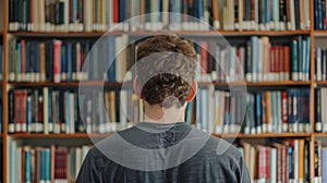 A man stands in front of a bookshelf pulling out books on different philosophies and theories eager to share his