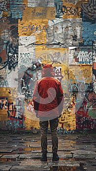 A man stands in front of a colorful wall covered with graffiti.
