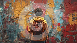 A man stands in front of a colorful wall covered with graffiti.