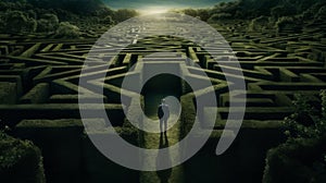 Man stands in front of the entrance to a green maze. Generative AI
