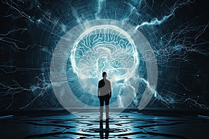 Man stands in front of a huge brain, connect to artificial intelligience, explosion of ideas, brainstorming for solutions