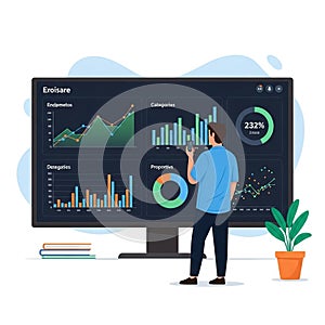 A man stands in front of a large screen displaying various graphs, charts, and data