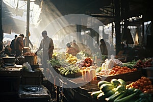 A man stands in front of a market with lots of fruit and vegetables, AI