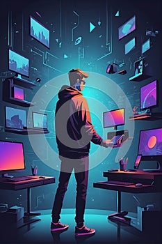 Man Standing in Front of Wall of Computer Monitors. Generative AI.