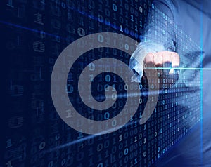 A man stands in front of a virtual screen with a binary code. Data verification, device and network control. Data protection,