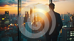 A man stands in front of a window, gazing out at a sprawling cityscape below, Silhouette of a business person against a city