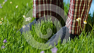 Man stands on the grass in Slippers. Male feet in sneakers on the grass
