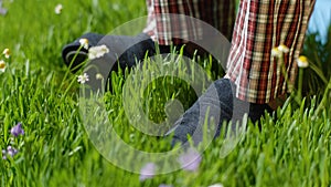 Man stands on the grass in Slippers. Male feet in sneakers on the grass