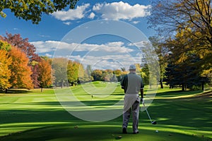 A man stands on a green golf course, holding a golf club, A golfer analyzing the fairway before the tee shot, AI Generated