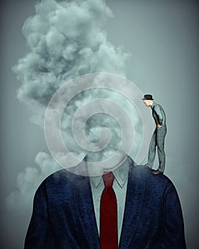 Man stands on a headless businessman and a cloud. Burnout and stress concept