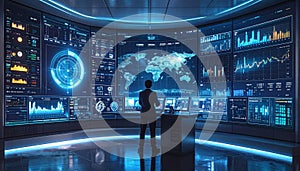 Futuristic Control Room with Global Data Visualization