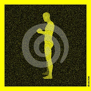 Man stands on his feet. 3D Human Body Model. Black and yellow grainy design. Stippled vector illustration