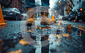 Man stands in his work boots on wet city street