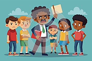 A man stands holding a sign while encircled by children in a customizable racist bullying cartoon illustration, Racist bullying photo