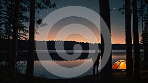 A man stands by a lake in front of a tent