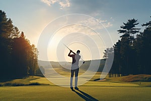 A man stands on a lush green golf course, gripping a golf club in his hands, Male Golfer Taking a Shot on Professional Golf Course