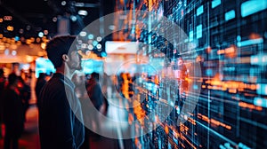 Man Analyzing Big Data on a Futuristic Interactive Wall Display