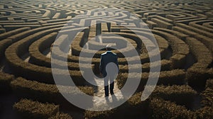 A man stands in a maze and thinks, view from the back. difficulty in making a decision. AI generated