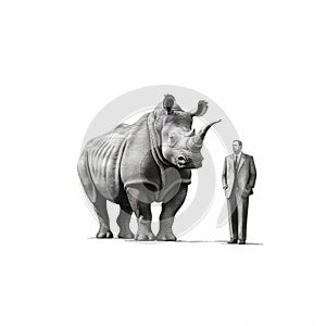 Minimalist Ink Wash Illustration Of Man And Rhinoceros photo