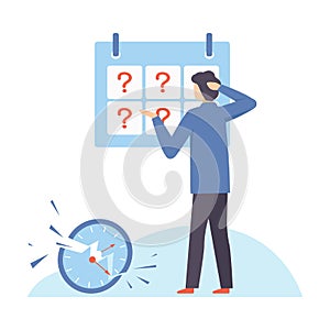 Man stands near a blackboard with question marks. Vector illustration.