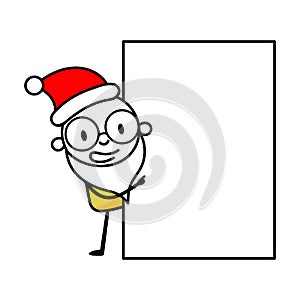 Man stands near a blank banner in Santa hat and white beard. Cartoon Christmas character concept. Isolated vector stock