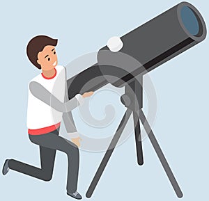 Man stands near telescope, magnifying equipment. Person uses astronomical optical device to observe