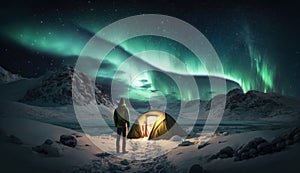 Man stands near tourist tent during Northern lights at night, travel theme
