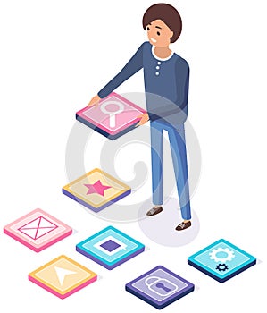 Man stands next to icons of mobile applications for smartphone. Guy holds search program icon