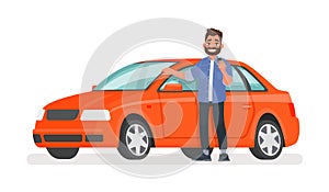 Man stands next to a new car and holds a key in his hand. Happy vehicle owner in white background