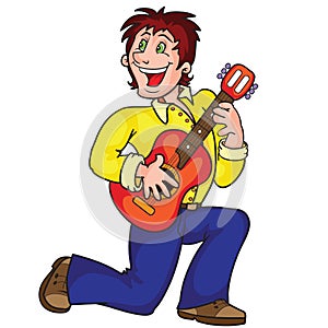 a man stands on one knee and plays the guitar, isolated object on a white background, cartoon, vector