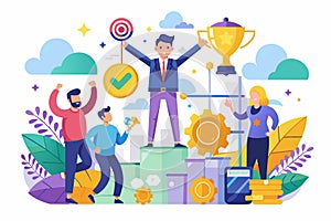 A man stands on a podium while being surrounded by a group of people in a semi flat illustration, Success factors Customizable