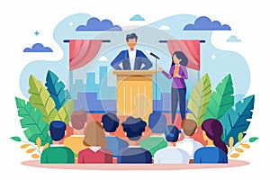 A man stands at a podium with a microphone addressing a crowd of people, Public talk Customizable Semi Flat Illustration