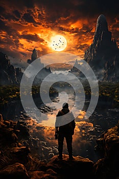 a man stands on a rock and looks at a beautiful landscape, mountains and a valley with a river, a dramatic sky at sunset