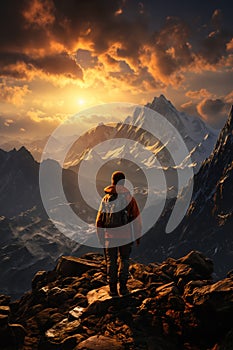 a man stands on a rock and looks at a beautiful landscape, mountains and a valley with a river, a dramatic sky at sunset