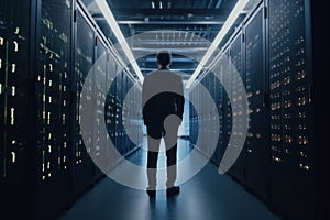 A man stands in a server room, a system administrator. AI generative