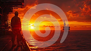 Man stands on ship looking at offshore oil rig during sunset