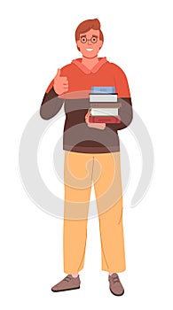 Man stands with stack of books and shows thumbs up. Education hobby concept