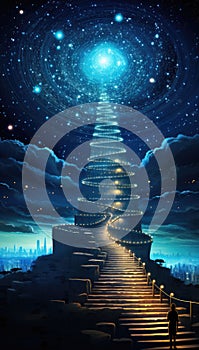 A man stands on a staircase leading up to a starry sky, AI