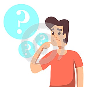 A man stands and thinks. Thinking man with a question mark and a finger at the chin. Cartoon illustration of a man