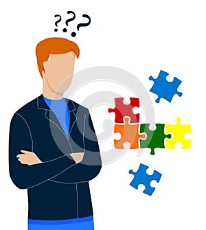 Man stands in thought. Making difficult decisions, answering questions. Puzzle pieces fly overhead. Vector on white background
