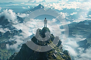 A man stands on top of a mountain overlooking a vast landscape of mountains and clouds