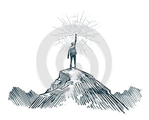 Man stands on top of mountain with torch in hand. Business, achieving goal, success, discovery concept. Sketch vector