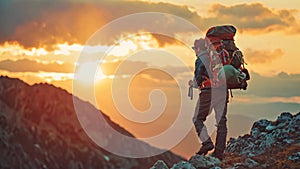 A man stands triumphantly on top of a mountain, taking in the breathtaking panoramic view, with a backpack on his back, A brave