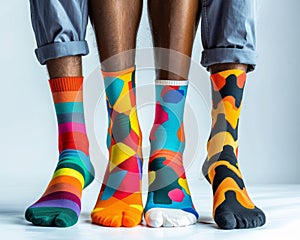 Man stands between two pairs of colourful socks
