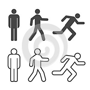 Man stands, walk and run silhouette and outline icon set. Stick figure simple icons. Vector illustration